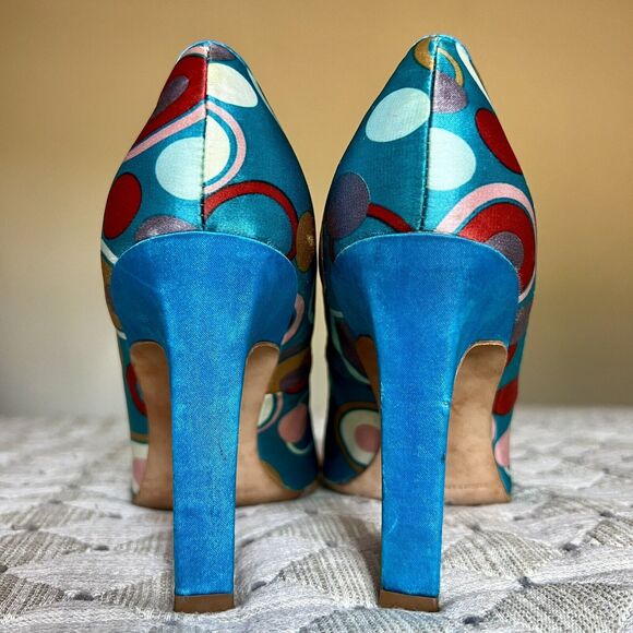 Martinez Valero Turquoise Teal Fabric Peep Toe Pump Multi-Color Dots Women’s 8.5 - Picture 8 of 16